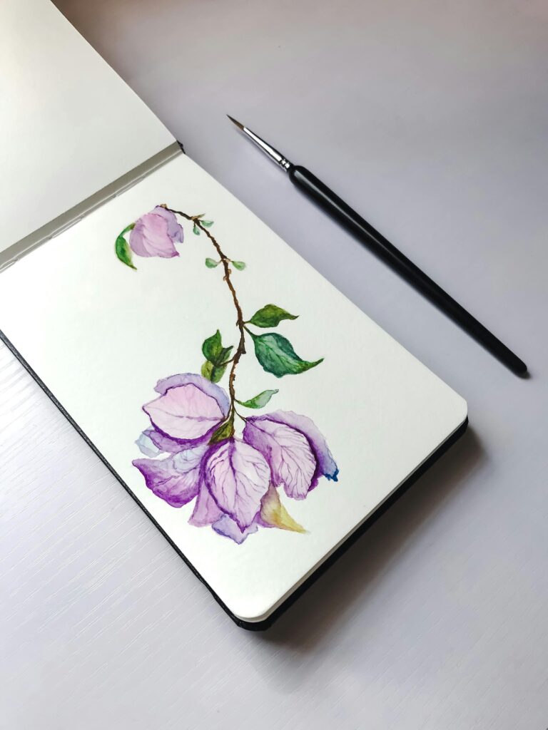 pexels photo 19564449 19564449 Artistic watercolor flower painting on open sketchbook with brush.