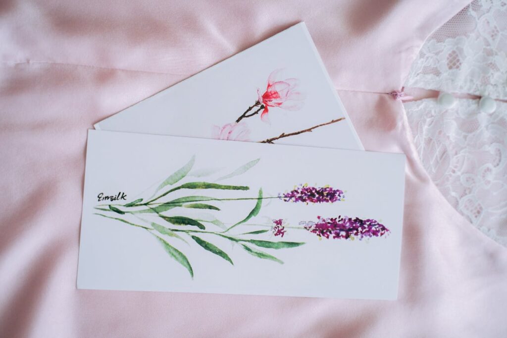pexels photo 6358820 Overhead shot of floral greeting cards featuring watercolor art of magnolia and lavender on a pink fabric background.
